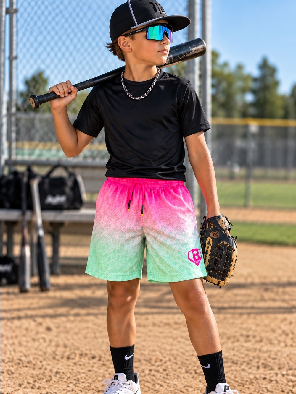 Baseball Lifestyle 101 Youth Medium YM Mesh Shorts Pink Green Gradient BL101